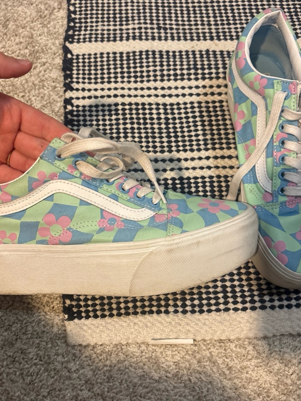 Vans Old Skool Floral Checkerboard Sneakers in Blue, Mint & Pink